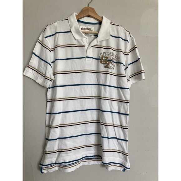 Vintage Aeropostale 1987 Logo Polo Shirt LARGE Men White Stripe Short Sleeve - Picture 1 of 13